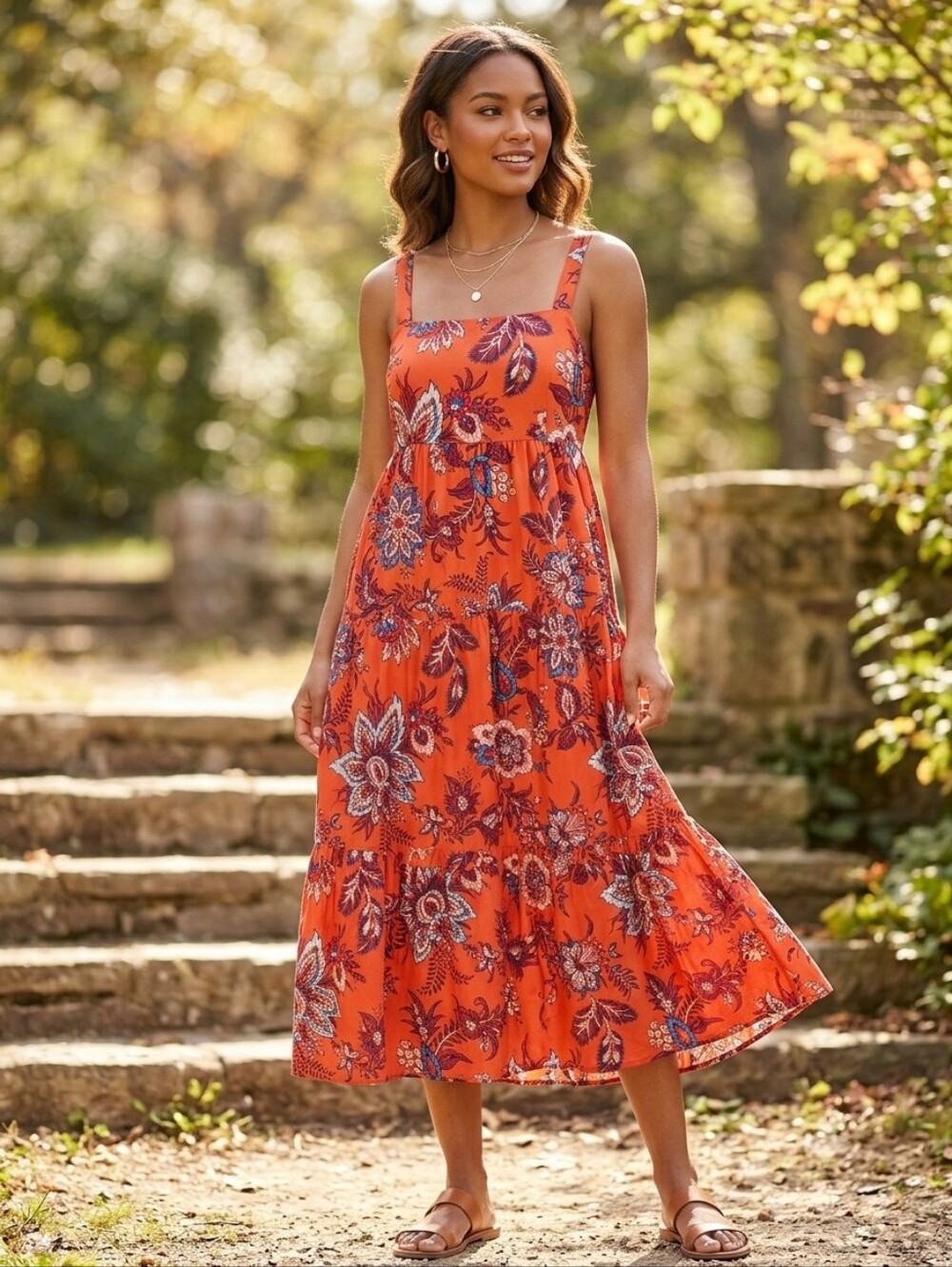 Rhode for Target Orange Floral Tiered Maxi Dress, Size XL
